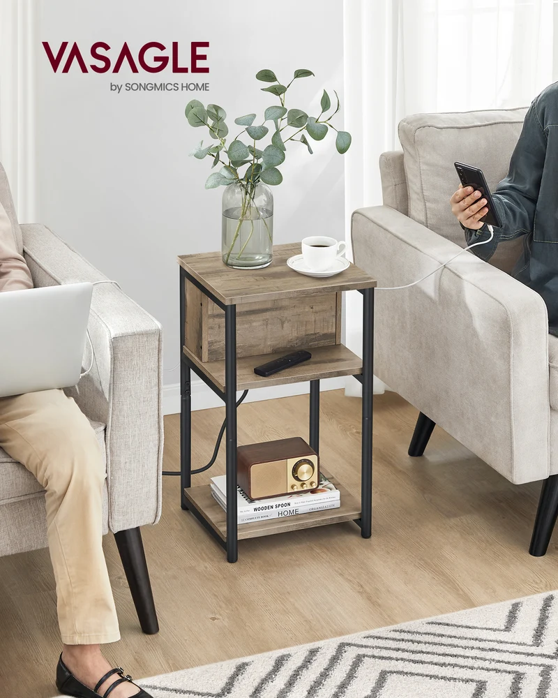 3-Tier End Table with Charging Station Side Table with USB Ports and Outlets Nightstand Camel Brown and Black