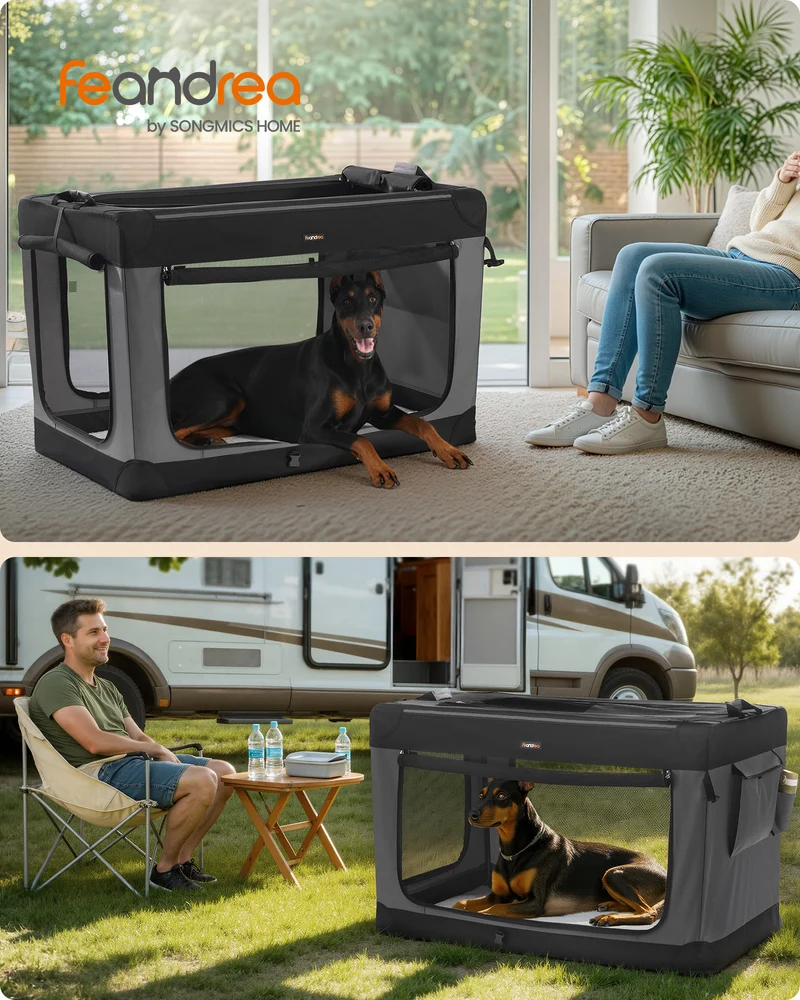 44-Inch Collapsible Dog Crate with 4 Mesh Doors, Portable Pet Carrier for Extra Large Dogs up to 110 lb, Ink Black