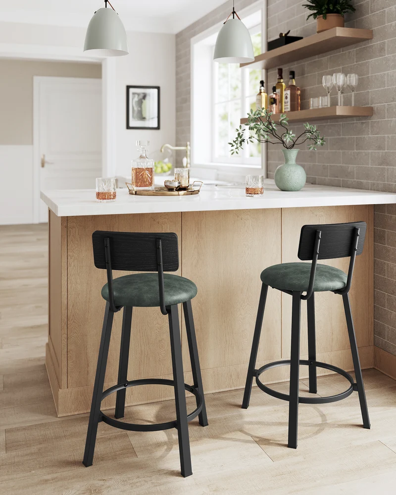 Bar Stools Set of 2, 29.7" PU Upholstered Counter Stools with Backrest & Footrest, Modern Kitchen & Dining Stools, Easy Assembly, Black and Green