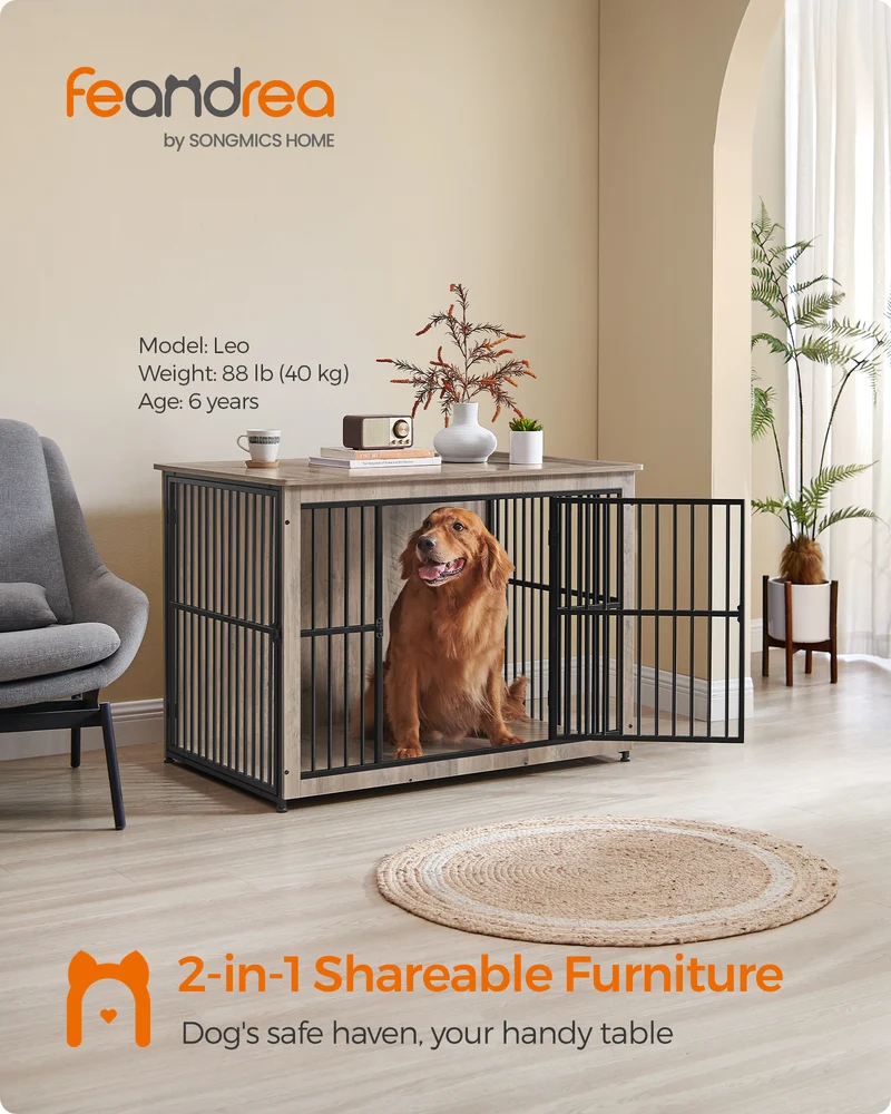 Heather Greige Dog Crate Furniture.as a 43.3" side end table.for dogs up to 80 lb, with a heavy-duty cage, enclosed base and double - door design.