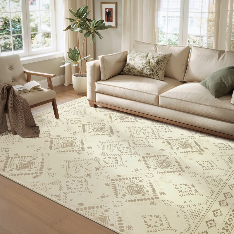 Boho Chic 6x9 ft Area Rug - Soft Non-Slip Carpet for Home Decor, Machine Washable, Bedroom or Living Room, Sand Beige