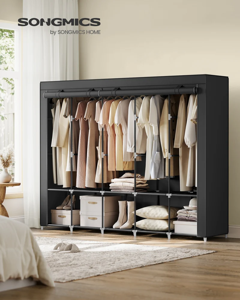 Portable Closet, Wardrobe Closet Organizer 5 Hanging Rods and Shelves, 4 Side Pockets Large Capacity for Bedroom, Living Room Ink Black