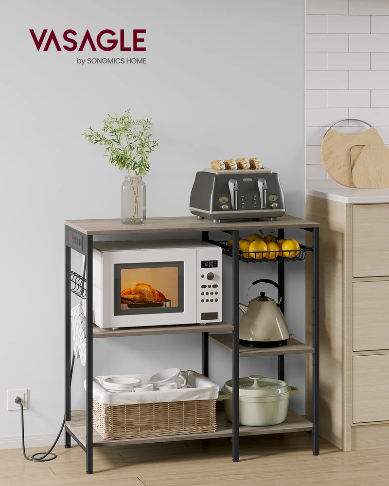 Baker's Rack, Coffee Bar Stand with Charging Station, Storage Shelves, 15.7 x 35.4 x 35.6 Inches, Greige