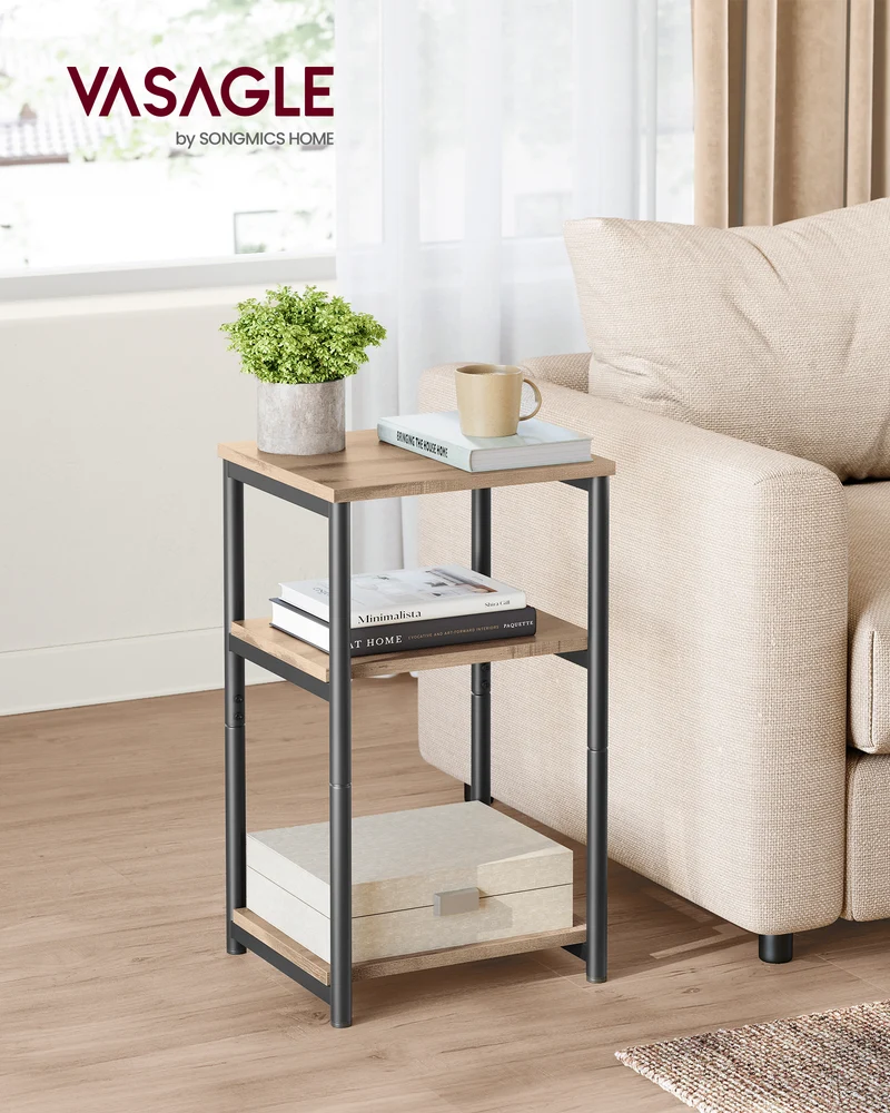 3-Tier Industrial End Table - Compact Space-Saving Design with 44lb Capacity per Shelf, Camel Brown & Matte Black