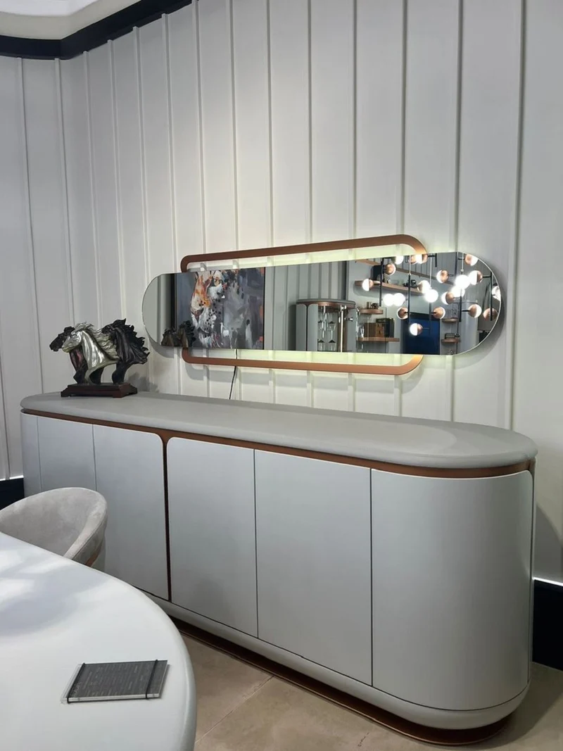 Casa Padrino Luxus Sideboard Weiß / Grau / Kupfer 260 x 60 x H. 90 cm - Massivholz Schrank mit 4 Türen - Esszimmer Möbel - Luxus Möbel - Luxus Einrichtung