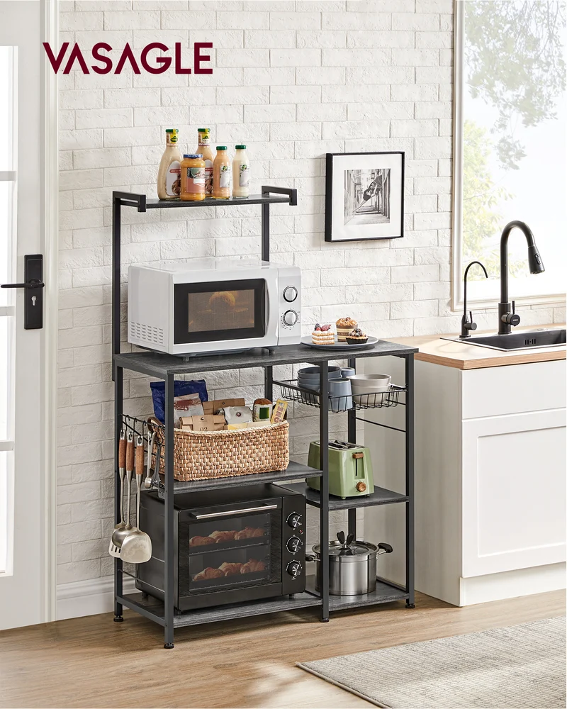 Baker's Rack, Microwave Stand, Kitchen Storage Rack with Wire Basket, 6 Hooks, and Shelves, for Spices, Pots, and Pans
