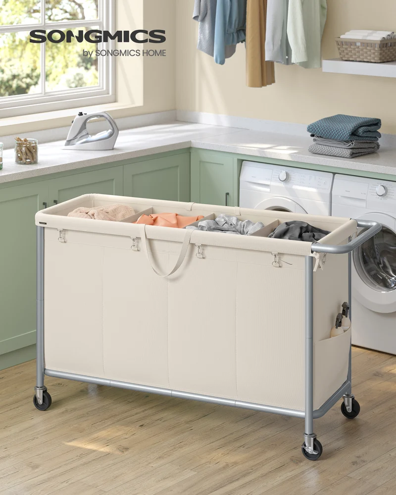 4-Section Rolling Laundry Hamper with Removable Liners, 68.6 Gallon Heavy-Duty Sorting Cart with Locking Wheels, Cream White