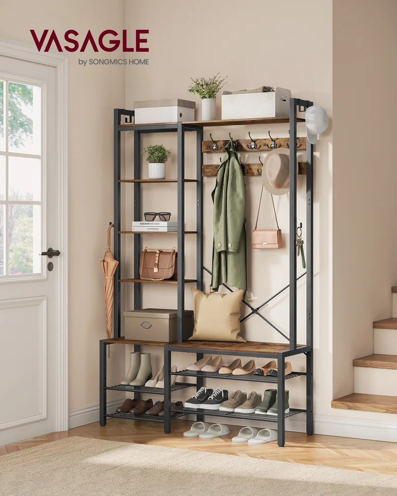 VASAGLE Hall Tree with Bench and Shoe Storage, Entryway Coat Rack with Shoe Bench, 5 Storage Shelves Rustic Brown and Ink Black
