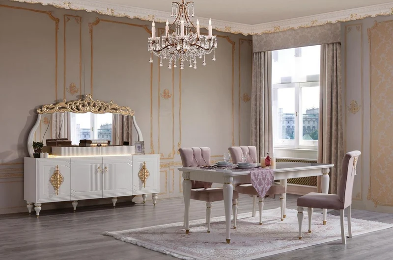 Casa Padrino Luxus Barock Esszimmer Set Rosa / Weiß / Gold - 1 Esstisch & 6 Esszimmerstühle - Barock Esszimmer Möbel