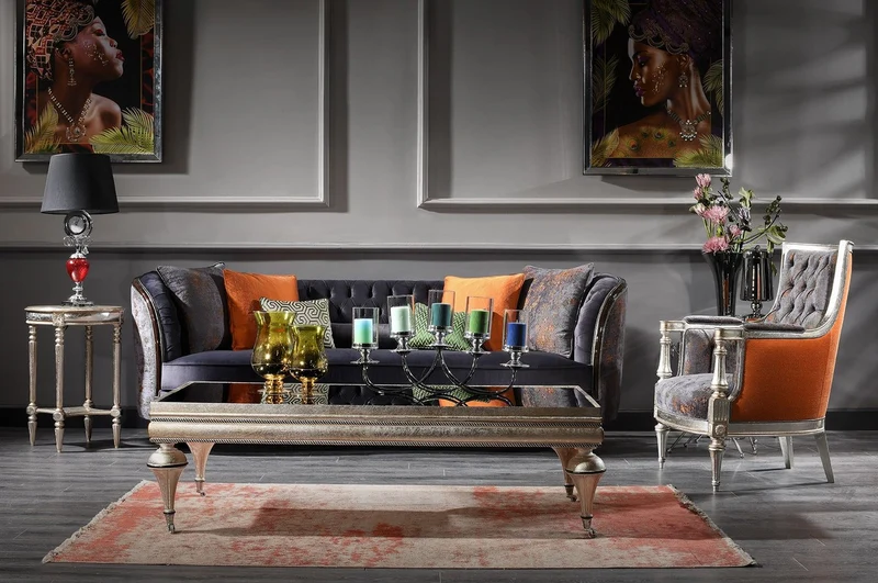 Casa Padrino Luxus Barock Wohnzimmer Set Lila / Grün / Silber - 2 Sofas & 2 Sessel & 1 Couchtisch - Handgefertigte Wohnzimmer Möbel im Barockstil - Edel & Prunkvoll