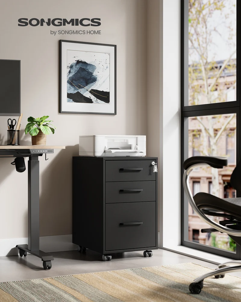 14.4"W x 23.6"H File Cabinet, 3-Drawer Office Filing Cabinet, Pre-Assembled Except Wheels and Handles, Black