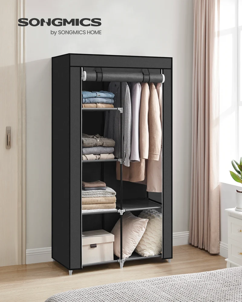 Portable Closet with 6 Shelves and Hanging Rail, 34.6x17.7x66.1 Inch Fabric Wardrobe with Dust Cover, Herringbone Pattern, Black