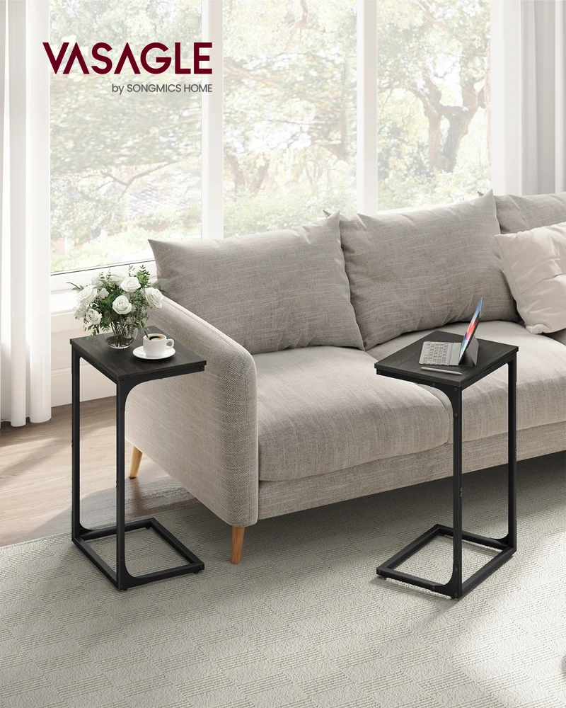 C-Shaped End Table Set of 2 Side Table for Sofa, Couch Table Small TV Tray Table for Living Room, Bedroom Ebonized Oak Finish and Black