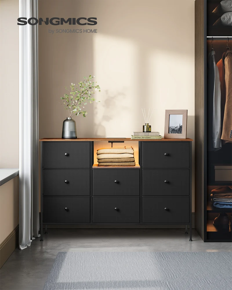 Multifunctional Fabric Dresser with LED Lights and Power Outlets - 8-Drawer Chest of Drawers and TV Stand Combo