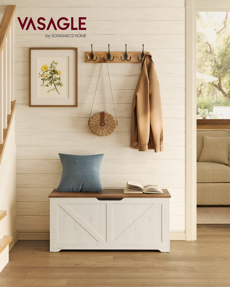 Farmhouse Storage Bench, 39.4 Inch Entryway Bench with 2 Safety Hinges, 300 lb Seat Capacity & 132 lb Storage, for Living Room Bedroom, Honey Brown & White