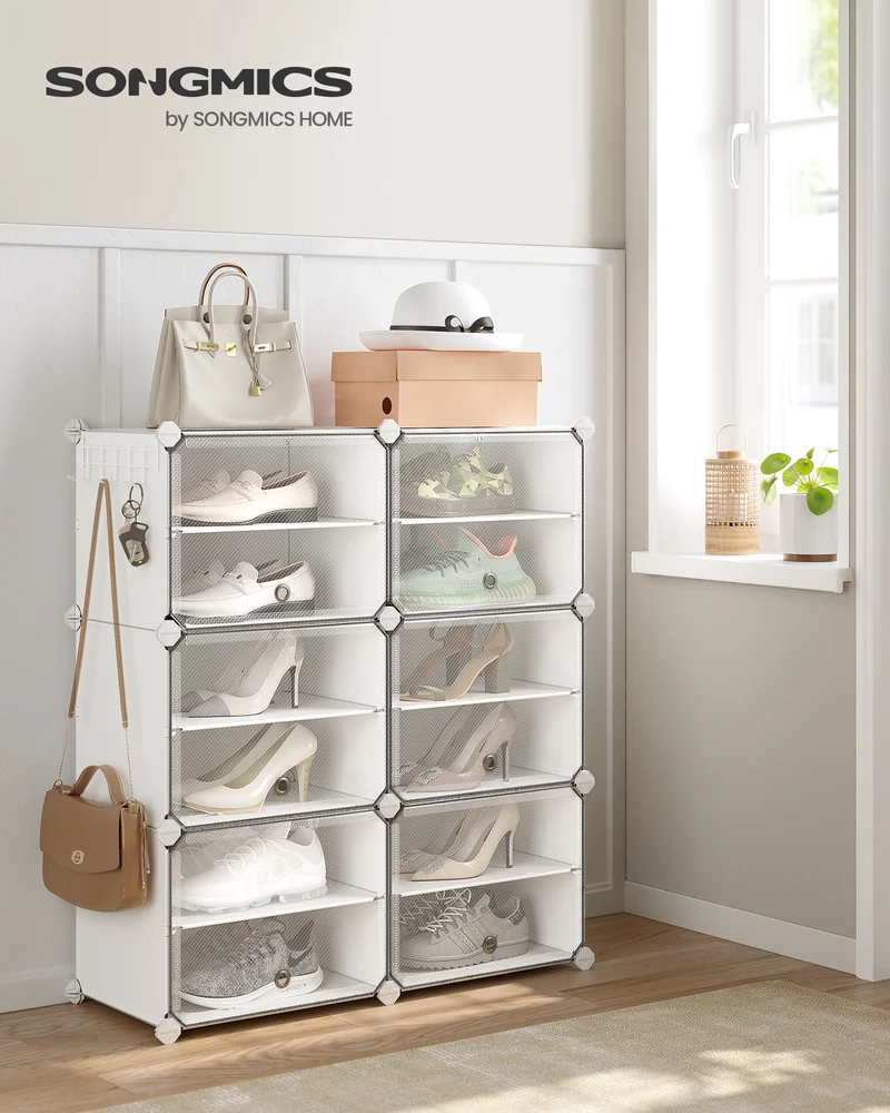 Shoe Rack, 6 Cubes Shoe Organizer with Doors, 24 Pair Plastic Shoe Storage Cabinet, White