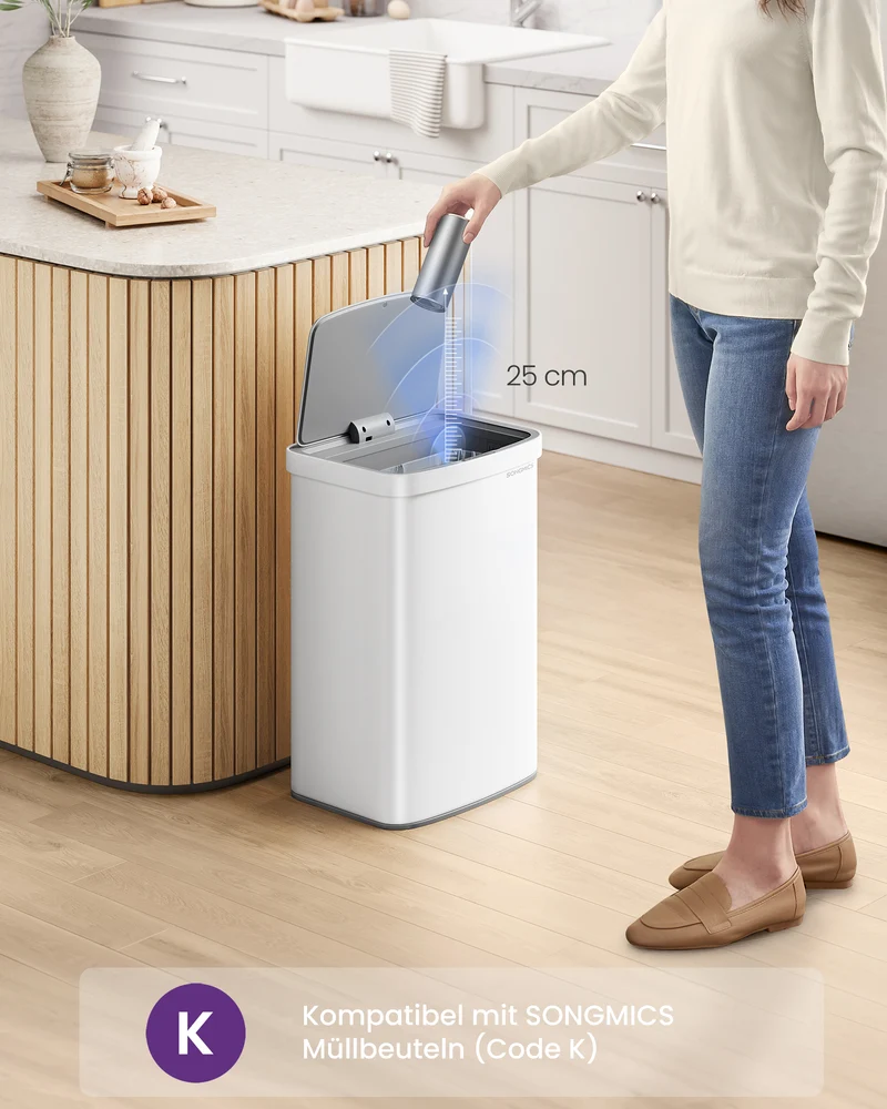 13-Gallon Motion Sensor Trash Can, Stainless Steel, Carbon Filters, Soft Close, White
