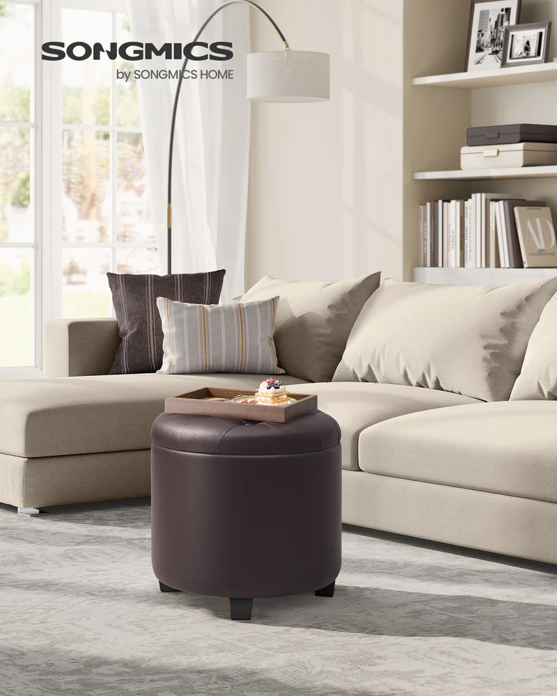 Round Storage Ottoman with 330 lb Capacity, 17.7 Inch Synthetic Leather Footrest Stool for Living Room, Chestnut Brown