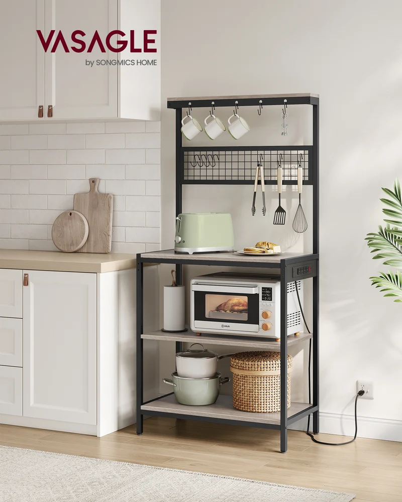 Bakers Rack with Charging Station, Coffee Bar Stand, Heather Greige and Ink Black