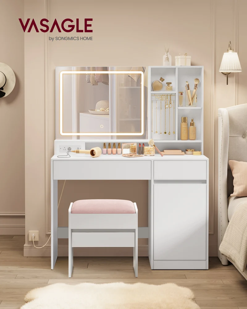 Elegant 43.3-Inch Makeup Vanity Table with LED Mirror, Power Outlets, Stool & Drawers, Adjustable Shelves, Jewelry Organizer, Cloud White