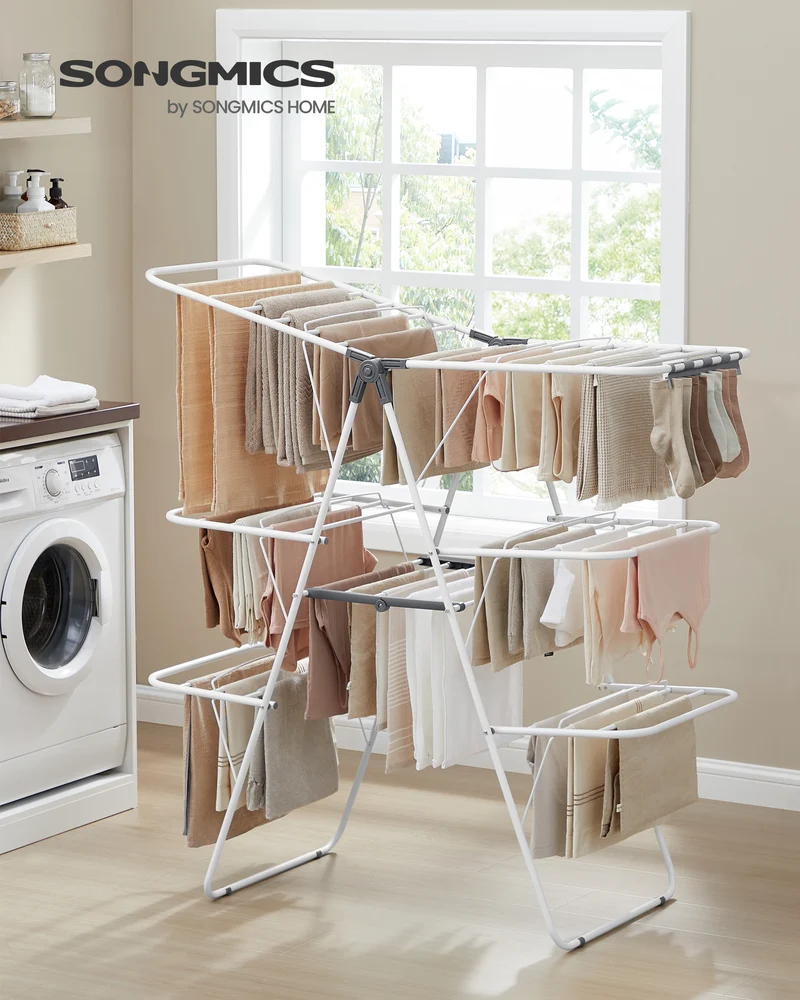3-Tier Foldable Clothes Drying Rack with 39 Rails and 27 Clips, Height-Adjustable Wings, Free-Standing Laundry Rack, White and Gray