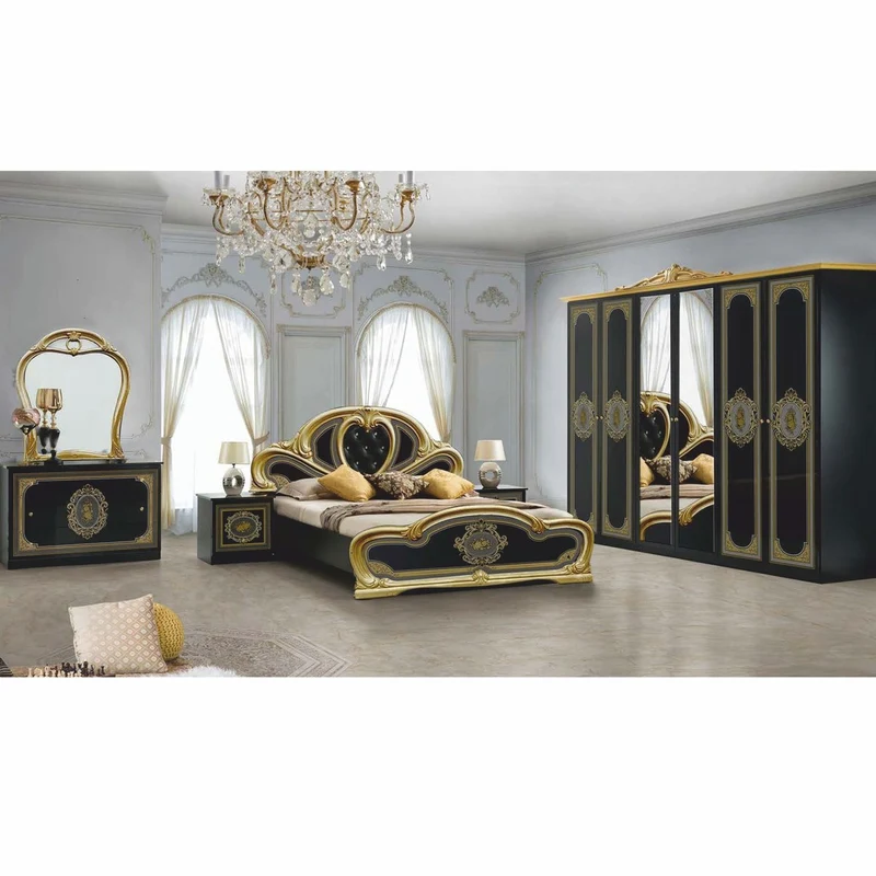 Casa Padrino Luxus Barock Doppelbett mit Glitzersteinen Schwarz / Grau / Gold - Schlafzimmer Möbel