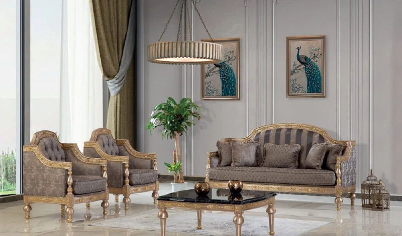Casa Padrino Luxus Barock Sessel Grau / Silber / Gold - Prunkvoller Wohnzimmer Sessel mit elegantem Muster - Barock Möbel