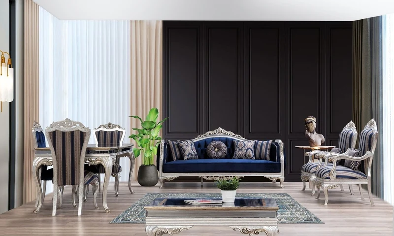 Casa Padrino Luxus Barock Esszimmer Set Blau / Silber - 1 Esstisch & 6 Esszimmerstühle - Handgefertigte Barock Esszimmer Möbel
