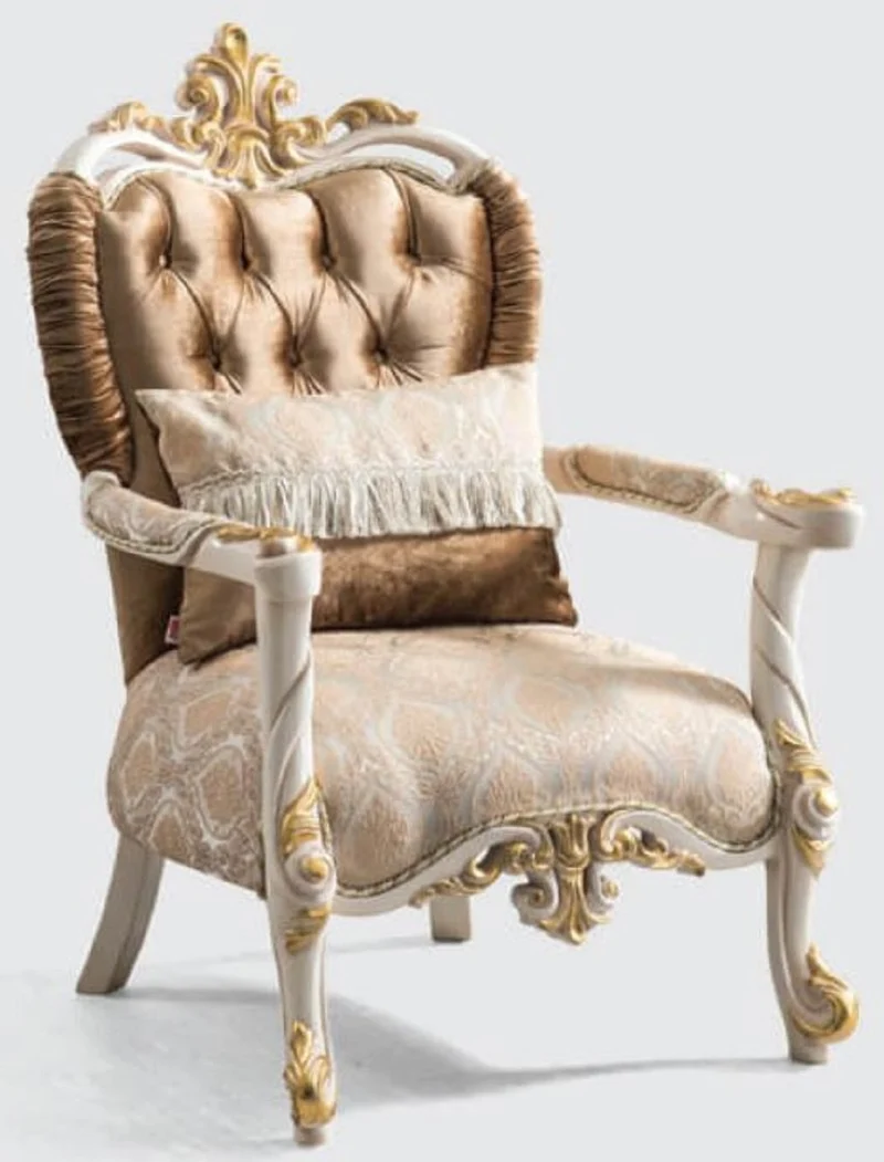 Casa Padrino Luxus Barock Sessel Braun / Silber / Weiß / Gold - Prunkvoller Wohnzimmer Sessel mit elegantem Muster - Barock Möbel