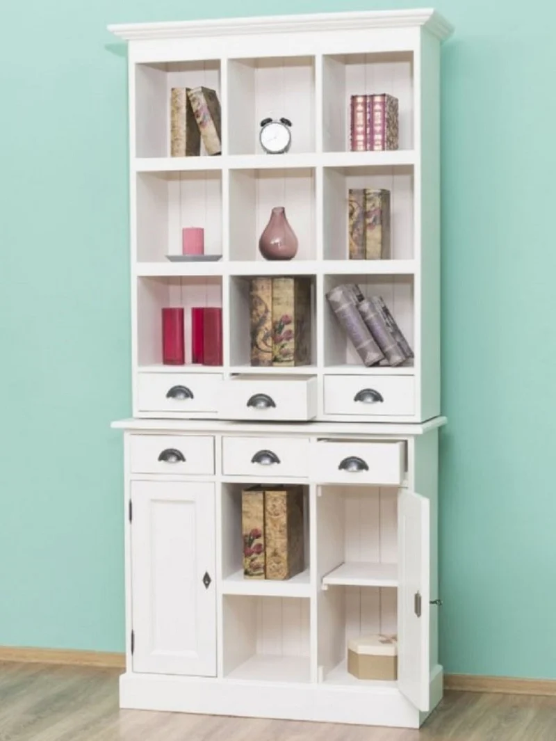 Casa Padrino Landhausstil Schrank Weiß 97 x 40 x H. 210 cm - Massivholz Regalschrank mit 2 Türen und 6 Schubladen - Möbel im Landhausstil