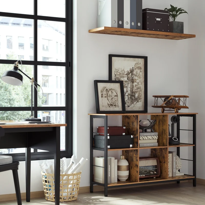 Rustic Brown and Black Bookshelf with an Industrial Design. Cube Shelf, Console Table, and TV Stand featuring 6 Storage Cubes,13 x 47.2 x 31.5 Inches