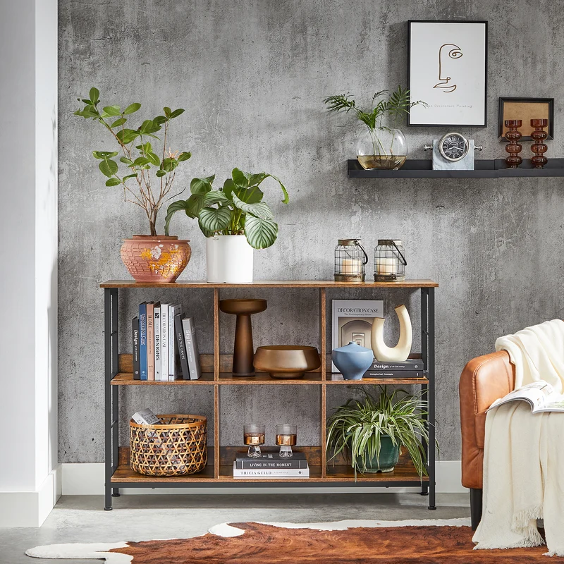Bookshelf, Bookcase with 6 Storage Cubes, Rustic Brown and Black