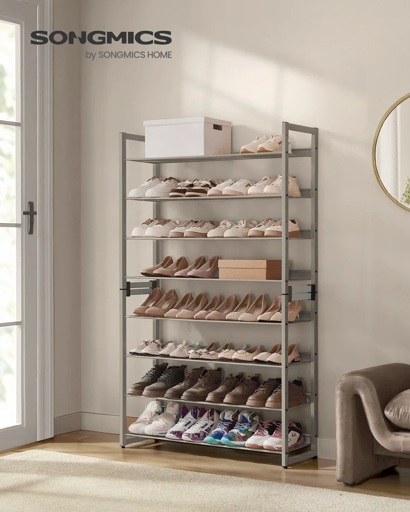 Set of 2 Metal Shoe Racks. 8 - Tier Shoe Organizers with 4 - Tier Stackable Shelves, Adjustable Flat or Angled. Holds 32 - 40 Pairs