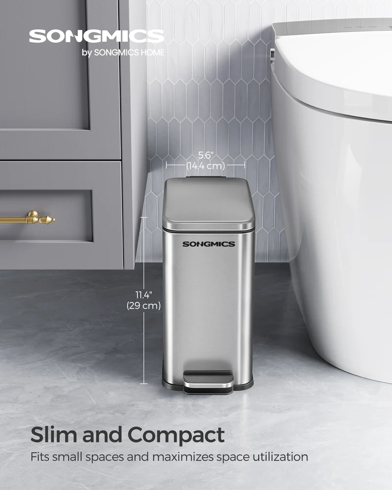 Bathroom Trash Can and Toilet Brush Set, 1.3 Gallon Small Trash Bin with Lid, Slim for Small Spaces, Stainless Steel Garbage Can, Soft Close