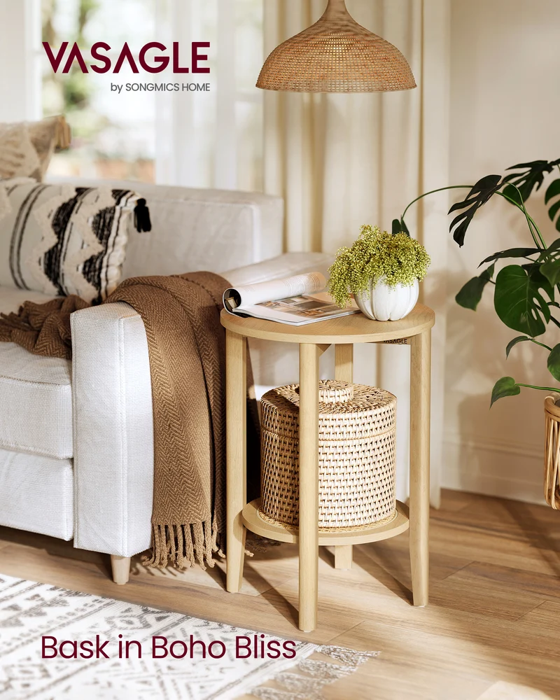 Boho 2-Tier Round Side Table - Rattan-Look Nightstand with Storage Shelf for Bedroom/Living Room, Space-Saving, Oak Beige