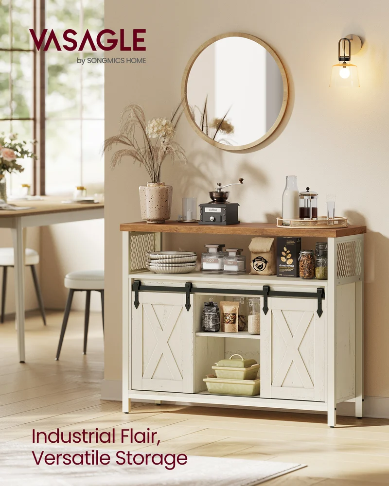 2-Door Storage Cabinet with Adjustable Shelves, Multi-Purpose Buffet Dresser, 33x100x80cm, Easy Assembly, White and Brown