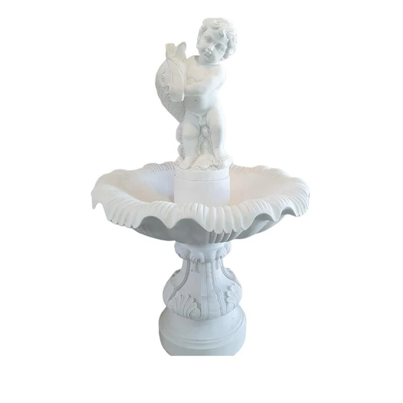 Casa Padrino Luxus Marmor Springbrunnen Putto mit Delfin Weiß - Handgefertigter Gartenbrunnen - Deko Brunnen