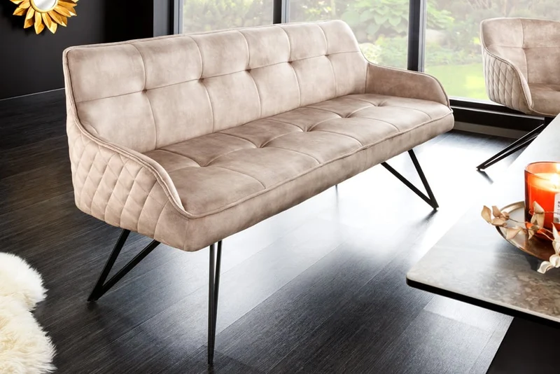 Elegante Sitzbank HORA ca.160cm Samt sand Retrostil Armlehnen