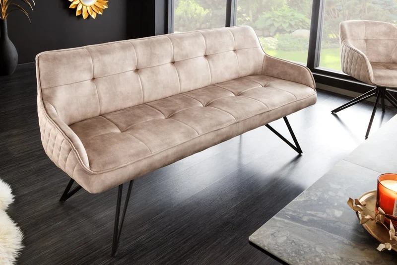 Elegante Sitzbank HORA ca.160cm Samt sand Retrostil Armlehnen
