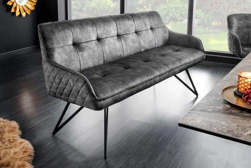 Elegante Sitzbank HORA ca.160cm Samt grau Retrostil Armlehnen