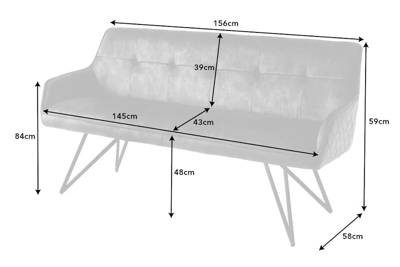 Elegante Sitzbank HORA ca.160cm Samt grau Retrostil Armlehnen