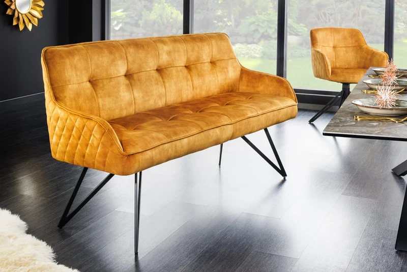 Elegante Sitzbank HORA ca.160cm Samt ocker-gelb Retrostil Armlehnen