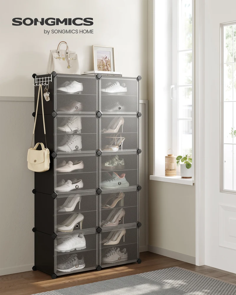 10-Cube Shoe Organizer with Doors, 40 Pair Plastic Shoe Storage Cabinet - Versatile Storage Solution for Bedroom, Entryway - Steel Frame, Plastic Panel, Black
