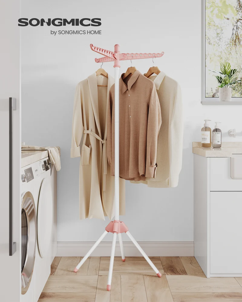 Clothes Drying Rack 59" Foldable Laundry Drying Rack with 27 Clips 3 Rotatable Arms 4 Legs Stainless Steel Pink and White