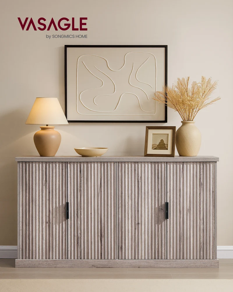 58'' Kitchen Sideboard Buffet Cabinet, 4-Doors 2-Drawers Fluted Storage Cabinet with Adjustable Shelves, Washed Gray