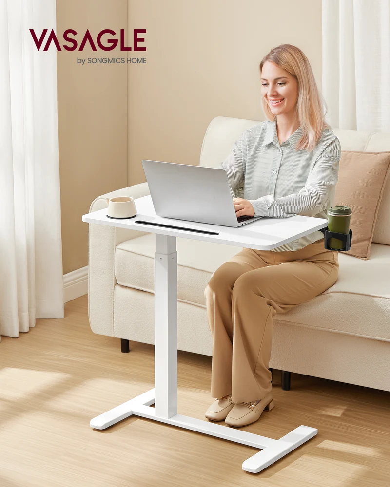 Mobile Standing Desk, 27.6 Inch Adjustable Height Table with 2 Cup Holders & Tablet Slot, Rolling Computer Desk for Bedroom Living Room, Cloud White