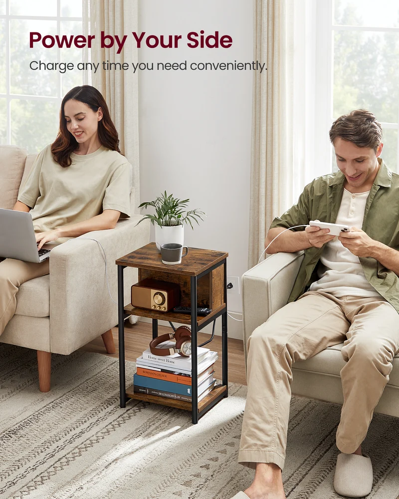 Side Table with Charging Station, 3-Tier End Table Nightstand for Living Room Bedroom Rustic Brown and Black