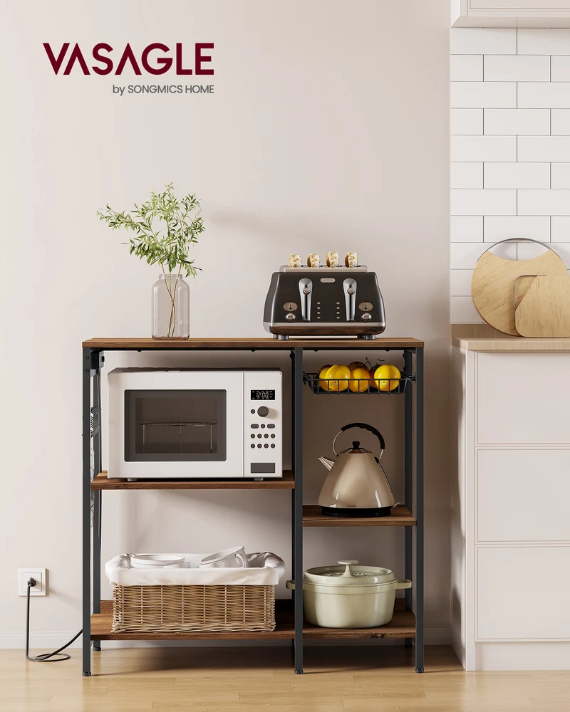 Baker's Rack, Coffee Bar Stand with Charging Station, Storage Shelves, 15.7 x 35.4 x 35.6 Inches, Rustic Walnut