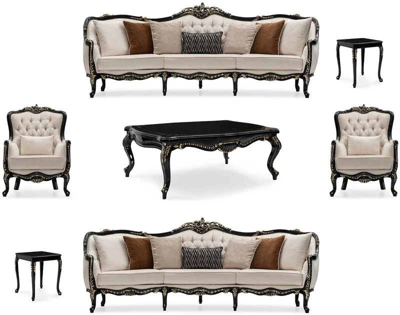Casa Padrino Luxus Barock Wohnzimmer Set Creme / Schwarz / Gold - 2 Sofas & 2 Sessel & 1 Couchtisch & 2 Beistelltische - Handgefertigte Wohnzimmer Möbel im Barockstil - Edel & Prunkvoll