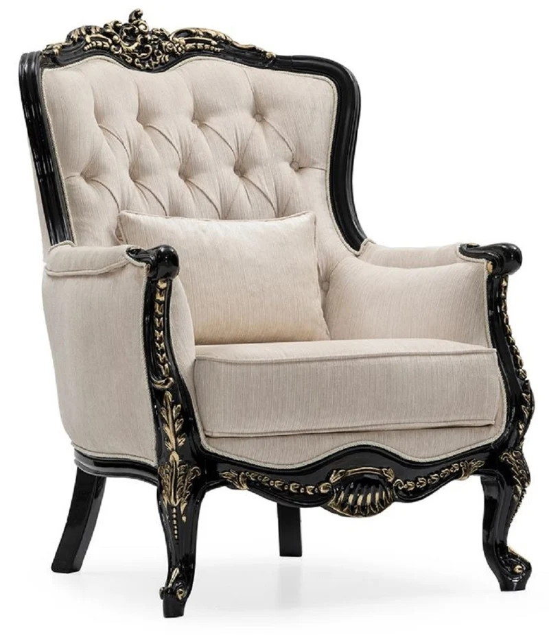 Casa Padrino Luxus Barock Wohnzimmer Set Creme / Schwarz / Gold - 2 Sofas & 2 Sessel & 1 Couchtisch & 2 Beistelltische - Handgefertigte Wohnzimmer Möbel im Barockstil - Edel & Prunkvoll